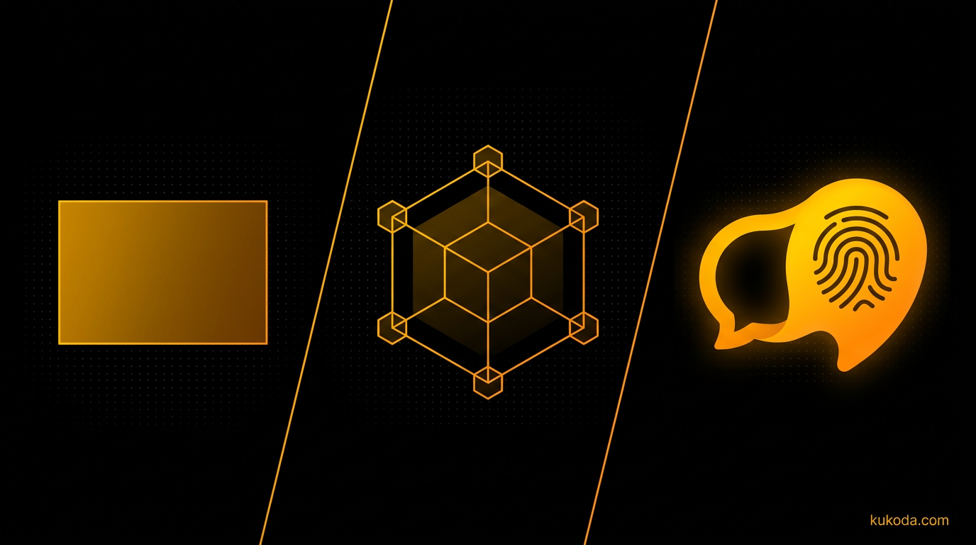 Three abstract shapes representing ChatGPT, Castmagic, and Kukoda approaches to AI content